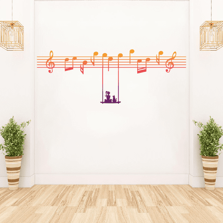 Woman and a Pet Cat Silhouette Hanging on Musical Notes with Creative and Colorful Design for Living Room Vinyl Wall Decal - Beautiful Unique and Cute Art of Music for Relaxing Bedroom Wall Decoration