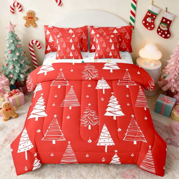 Manfei Christmas Tree Twin Bedding 7pcs Green Bedding Comforter Set, Slate Red, Xmas Reversible