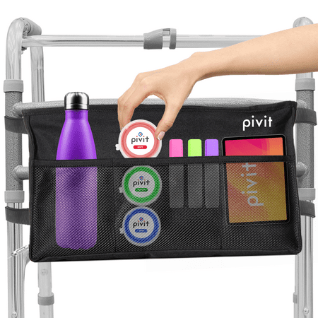 Pivit Water Resistant Walker Bag | Accessory Basket Provides Hands Free Storage for Folding Walkers | Attachment Fits Wide and Narrow Styles | Tote Caddy Pouch for Elderly, Seniors, Handicap, Disabled