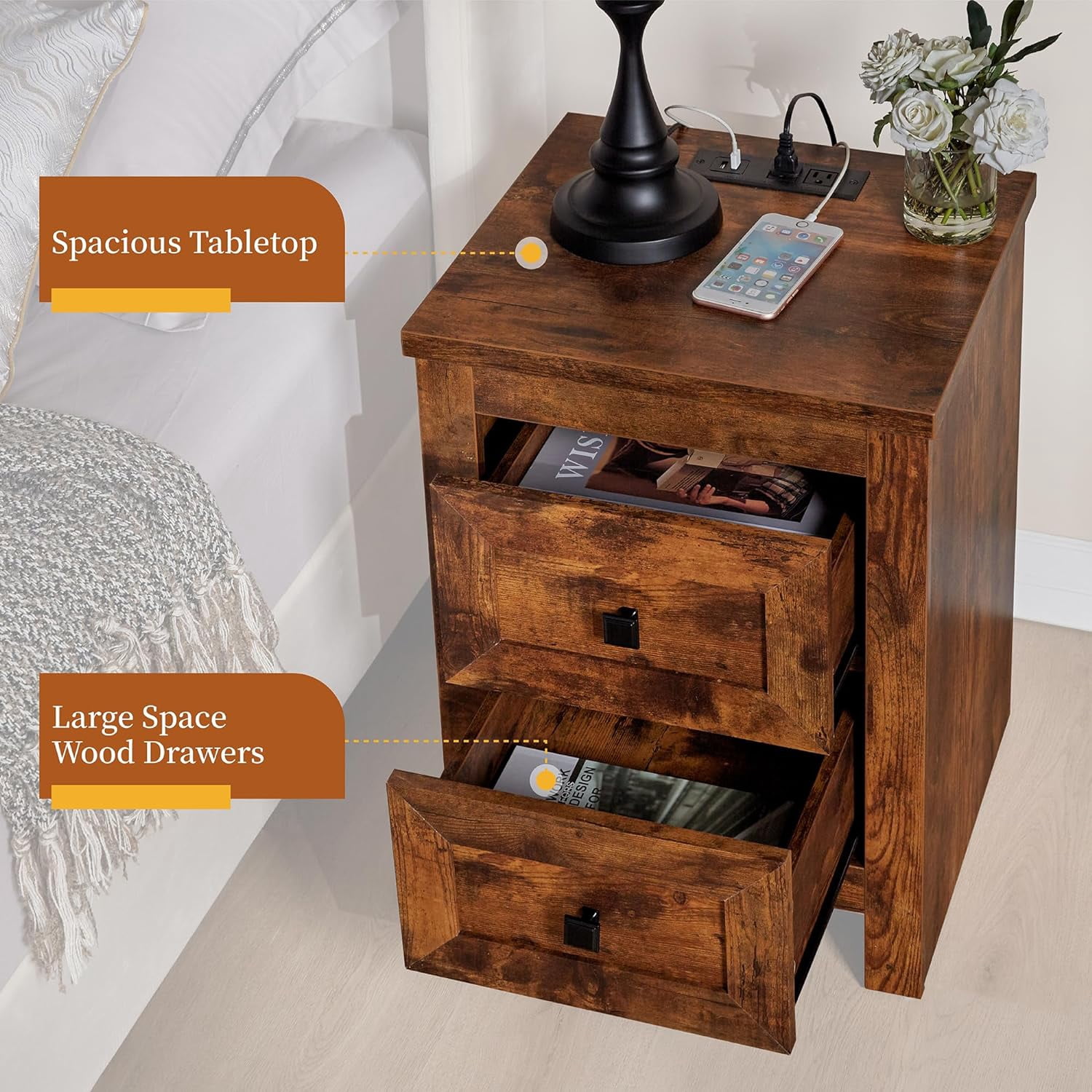 Merluxy Sturdy Nightstand Set of 2 with Charging Station, Farmhouse Wood Bedside Table Rustic Brown
