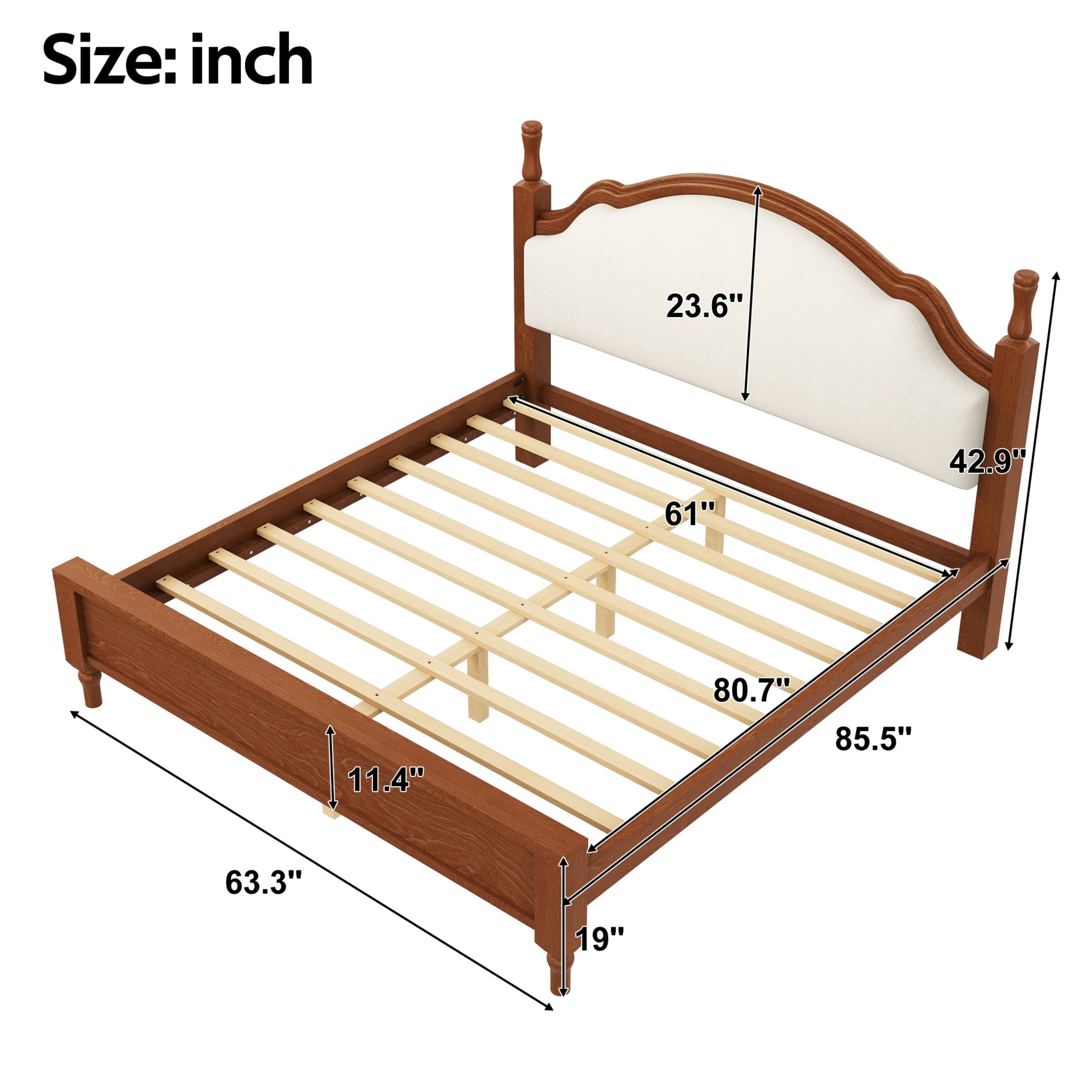 Noble House Caldon Queen Size Platform Bed, Pine Wood Frame with Curved Upholstered Headboard, Beige and Brown