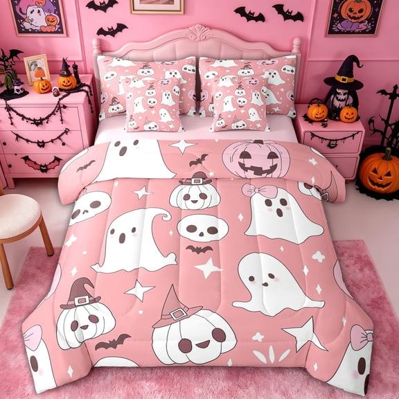 Homewish Cute Ghost Pumpkin Twin Bedding, Kawaii Halloween Stars Bedding Comforter Set, Pink Reversible, 7 Pieces