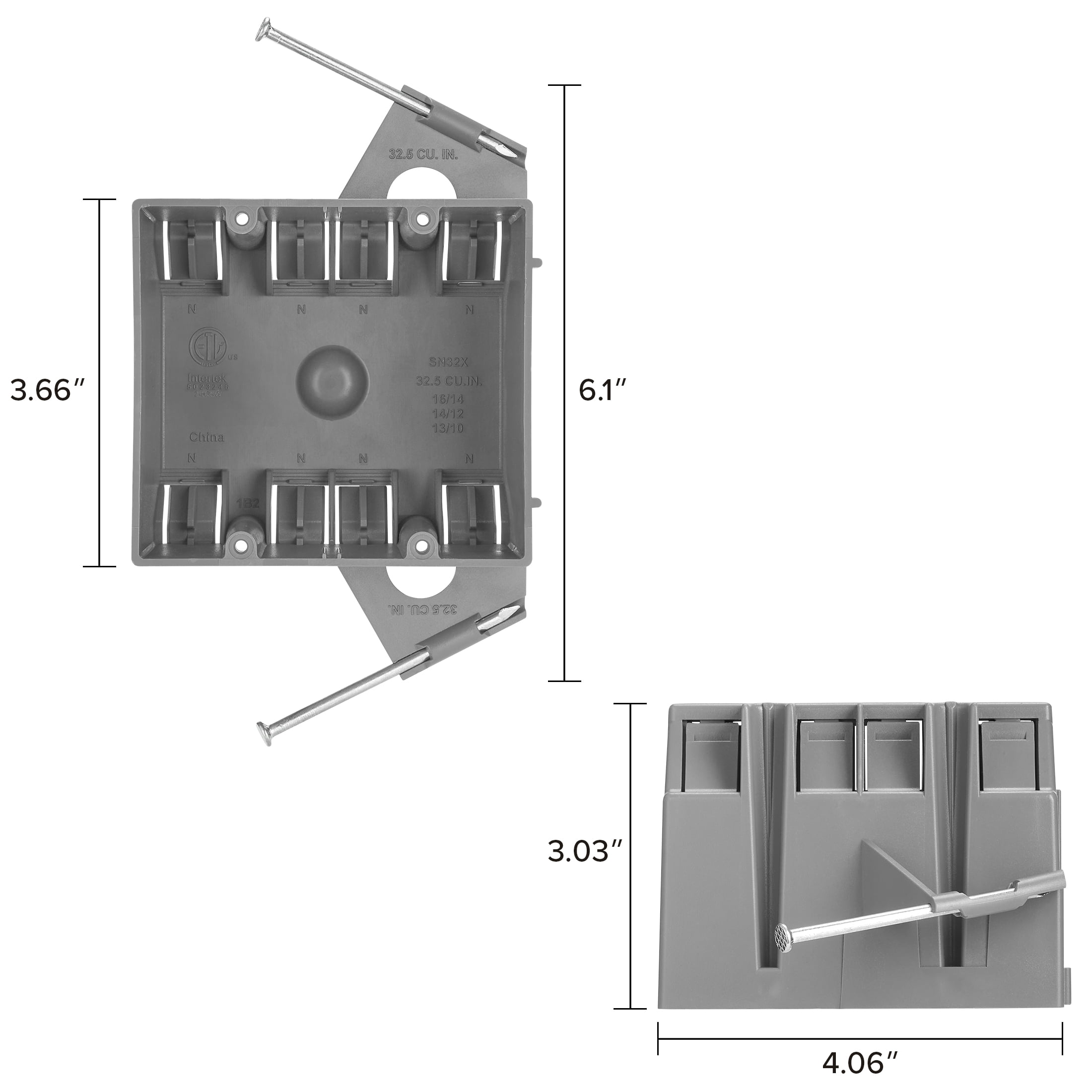 Maxxima 2 Gang 32.5 cu. in. PVC New Construction Electrical Switch and Outlet Junction Box, ETL Listed, Gray (10 Pack)