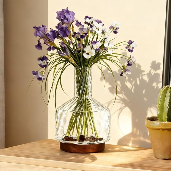 Large Glass Vase for Centerpieces, Rippled Flower Vase with Wooden Base,10 inch Clear Jug Vase for Long Stem Flower or Fake Bouquet,Decorative Bottle Vase for Dining Table Living Room Mantel Party