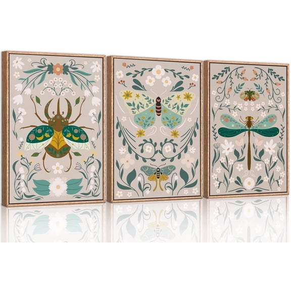 Monarch Butterfly Animals Framed Canvas Wall Art Set, Floral Botanical Bee Wall Decor, Mid Century Modern Wall Painting, Boho Nature Art Print for Living Room Kids Bedroom Office 16"x24"x3