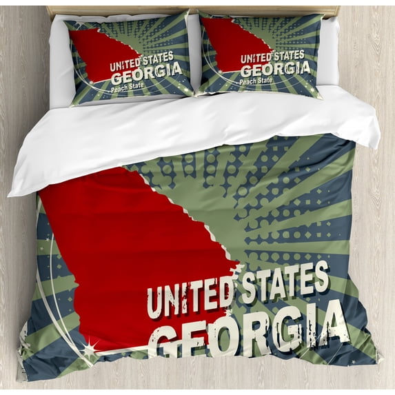 Georgia Duvet Cover Set King Size, Grunge Style Pattern of Peach State Wording, Decorative 3 Piece Bedding Set with 2 Pillow Shams, Pale Olive Green Vermilion Slate Blue and Eggshell, by Ambesonne
