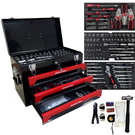 NIGSQJB Tool Set 439pcs with 3 Drawers Tool Box Organizer, Mechanic Tool Set for Home, Tool Box Set 4-Tier Socket Wrench Ratchet Plier Nails, Home Tool Set Mechanics Kit for Adults Man Handyman, Red