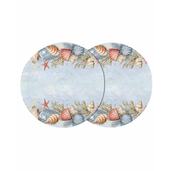 Blue Coastal Round 15 Inch Placemats Set of 2, Summer Beach Starfish Shell Coral HeatResistant Non Slip Place Mats for Dining Table, Wipeable Braided Kitchen Table Mats for Housewarming