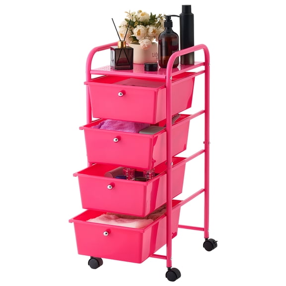 VEVOR Rolling Cart with Drawers, 4 Drawer Storage Organizer, Mobile Utility Cart with Steel Frame, Universal Casters & 2 Brakes, for Office, Classroom, Craft Tools, Garage, Cleaning Supplies,Rose Red