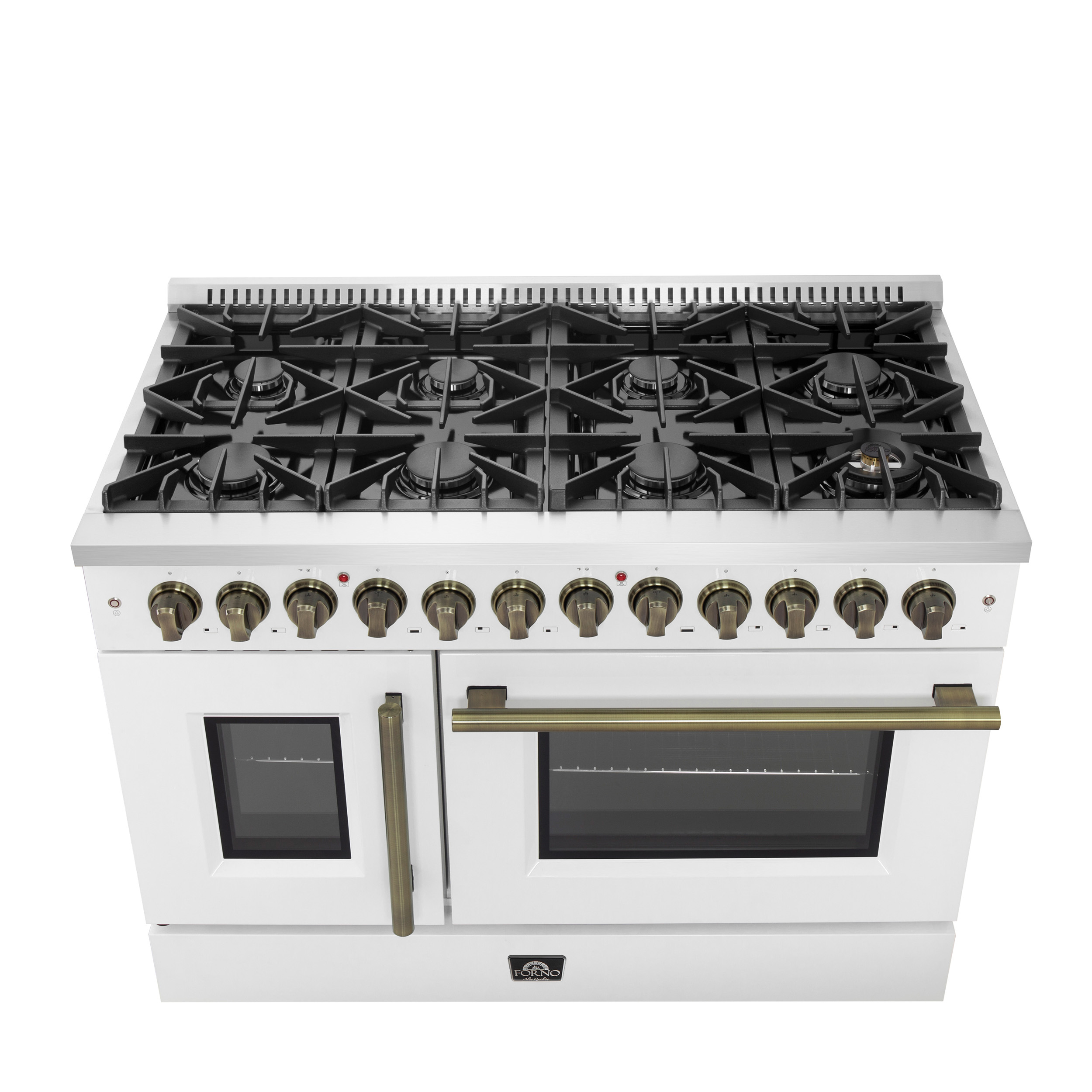 Forno Galiano 48-inch French Door Dual Fuel Range, White  Antique Brass Design, 8 Sealed Burners - 107,000 BTU, Griddle, 6.58 cu.ft. Double Ovens