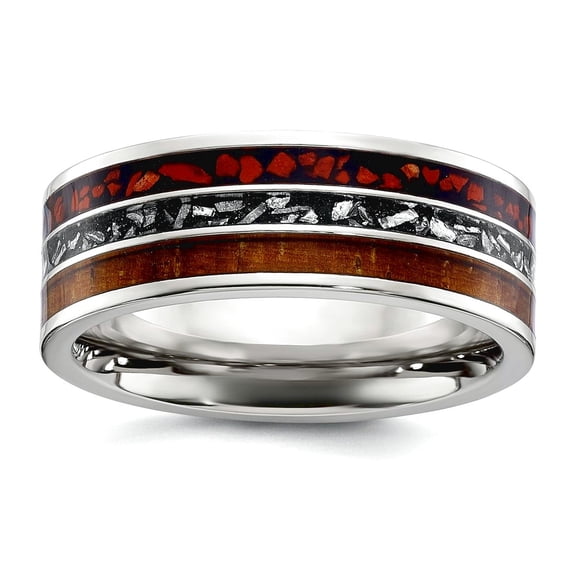 8mm Stainless Steel Polished With Wood Imt. Meteorite Redstone Inset Band Size 9.5 Ring for Women and Men