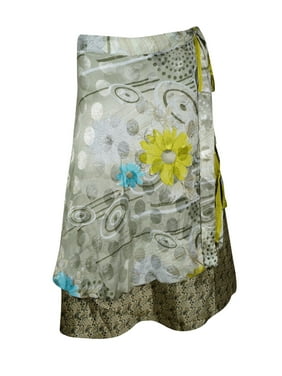 Mogul Women Vintage Sari Wrap Skirt 2 Layer Printed Reversible Beach Wear Sarong Wrap Around Skirts