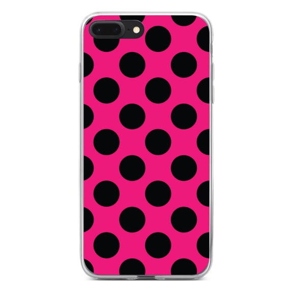 DistinctInk Clear Shockproof Hybrid Case for iPhone 7 PLUS / 8 PLUS (5.5" Screen) - TPU Bumper, Acrylic Back, Tempered Glass Screen Protector - Black & Hot Pink Polka Dots