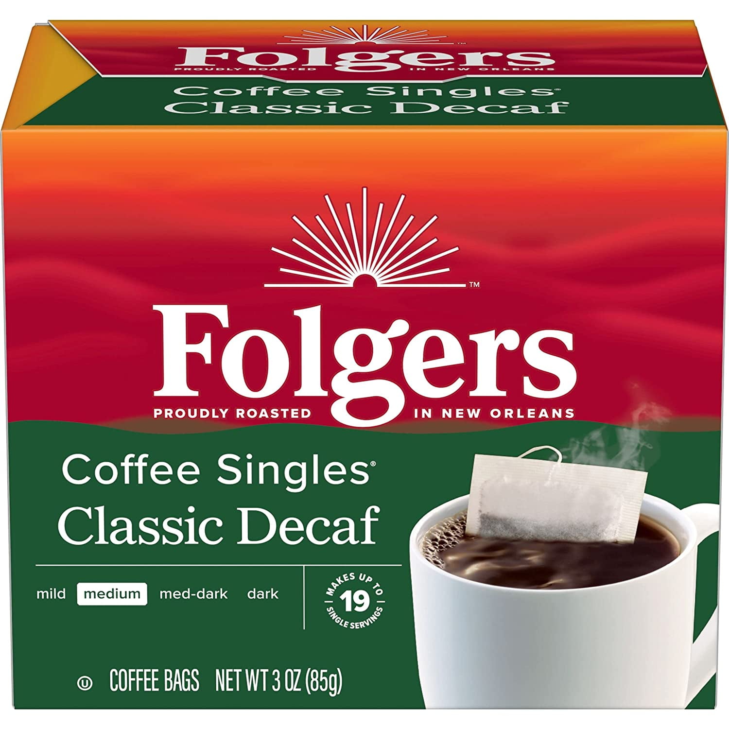 Folgers Coffee Singles Classic Decaf Medium Roast Coffee, 19 Single