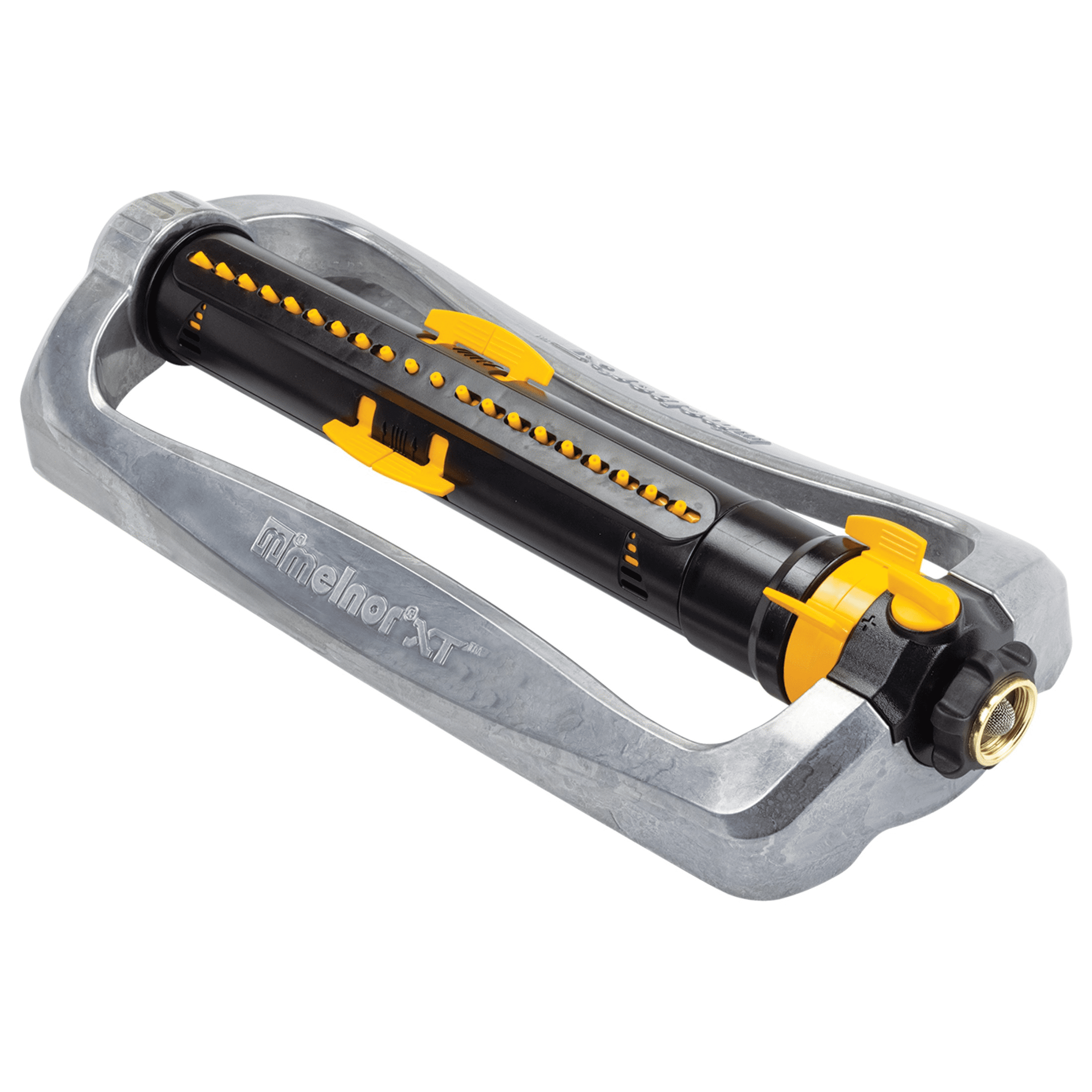 Melnor XT45200M Metal Turbo Oscillating Sprinkler with Flow Control, 4,500 sq. ft., Adjustable Width and Range, Dirt-Resistant Drive - Black, Orange
