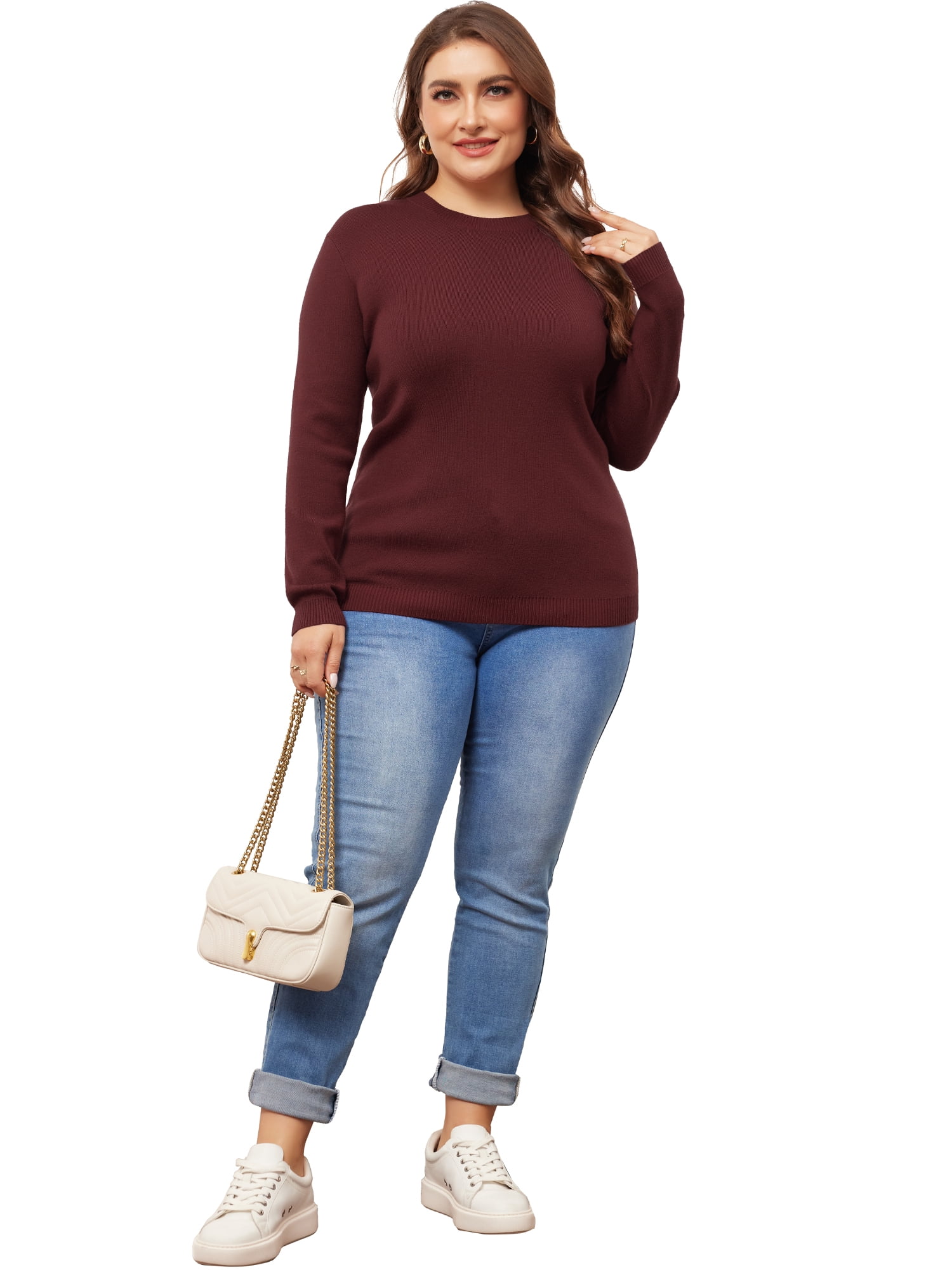 DARING DIVA Plus Size Long Sleeve Crewneck Sweater Fall Casual Tops 3X Burgundy