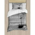 thumbnail image 3 of Shipwreck Duvet Cover Set Queen Size, Wreck Small Stranded Boat on Seaside Snow Clouds Windy Day Wave Picture, Decorative 3 Piece Bedding Set with 2 Pillow Shams, Black and White, by Ambesonne, 3 of 3