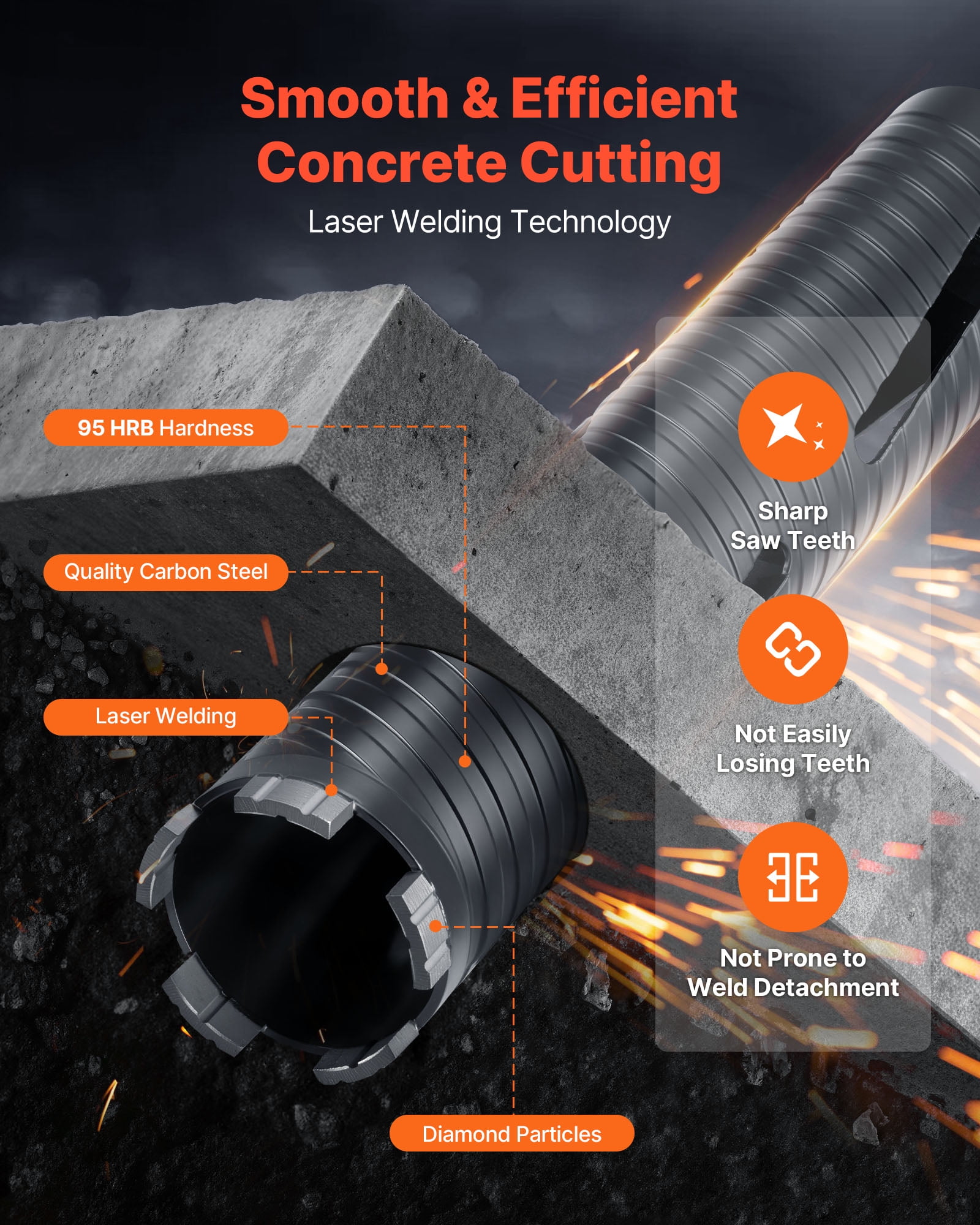 VEVOR Core Drill Bit, 2-1/2 inch Diameter, 9-1/2 inch Drilling Depth, 5/8-11 Internal Thread, Diamond Dry Coring Bit with 3 Adapters, Pilot Drill and Hex Wrench, for Concrete, Red Bricks, and Masonry