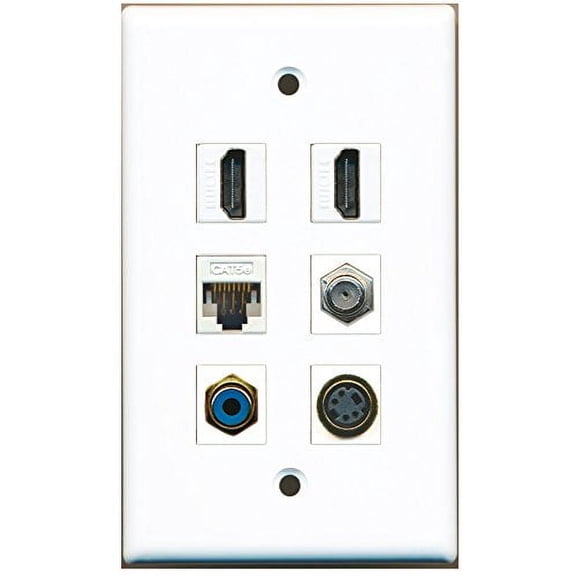 RiteAV - 2 HDMI 1 Port RCA Blue 1 Port Coax Cable TV- F-Type 1 Port S-Video 1 Port Cat5e Ethernet White Wall Plate