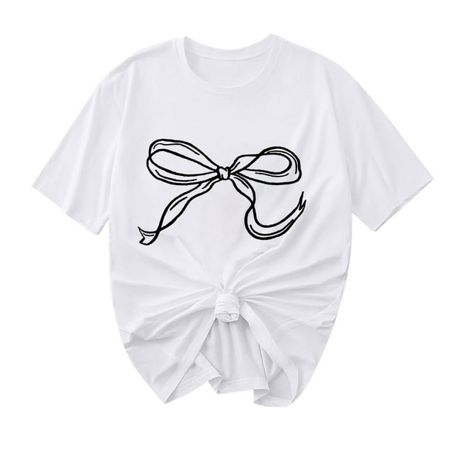 Primavera Top Mujeres Moda Casual Nueva Cinta de Arco Impresa Cuello Redondo Camiseta de Manga Corta, Camiseta de Cuello Tripulado