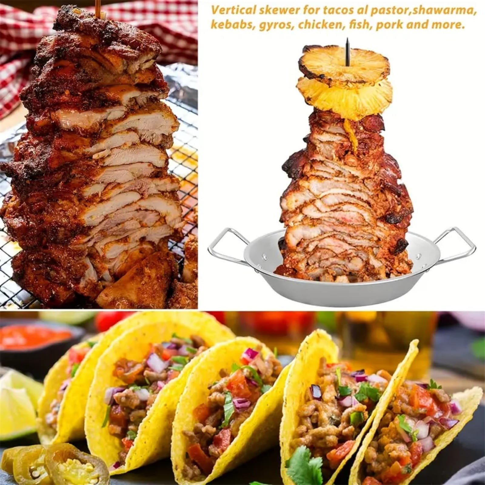 Crcmjuhgsa Barbecue Grills Pan With Skewer 304 Stainless Steel Vertical Skewer Pan Cooking Plate Pan With Skewer For Oven For Al Pastor Shawarma Kebabs Oven BBQ Dishes