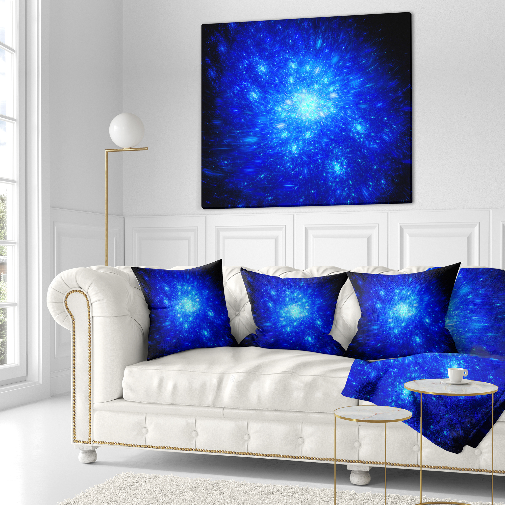 Designart Blue Fireworks on Black - Abstract Throw Pillow - 18x18