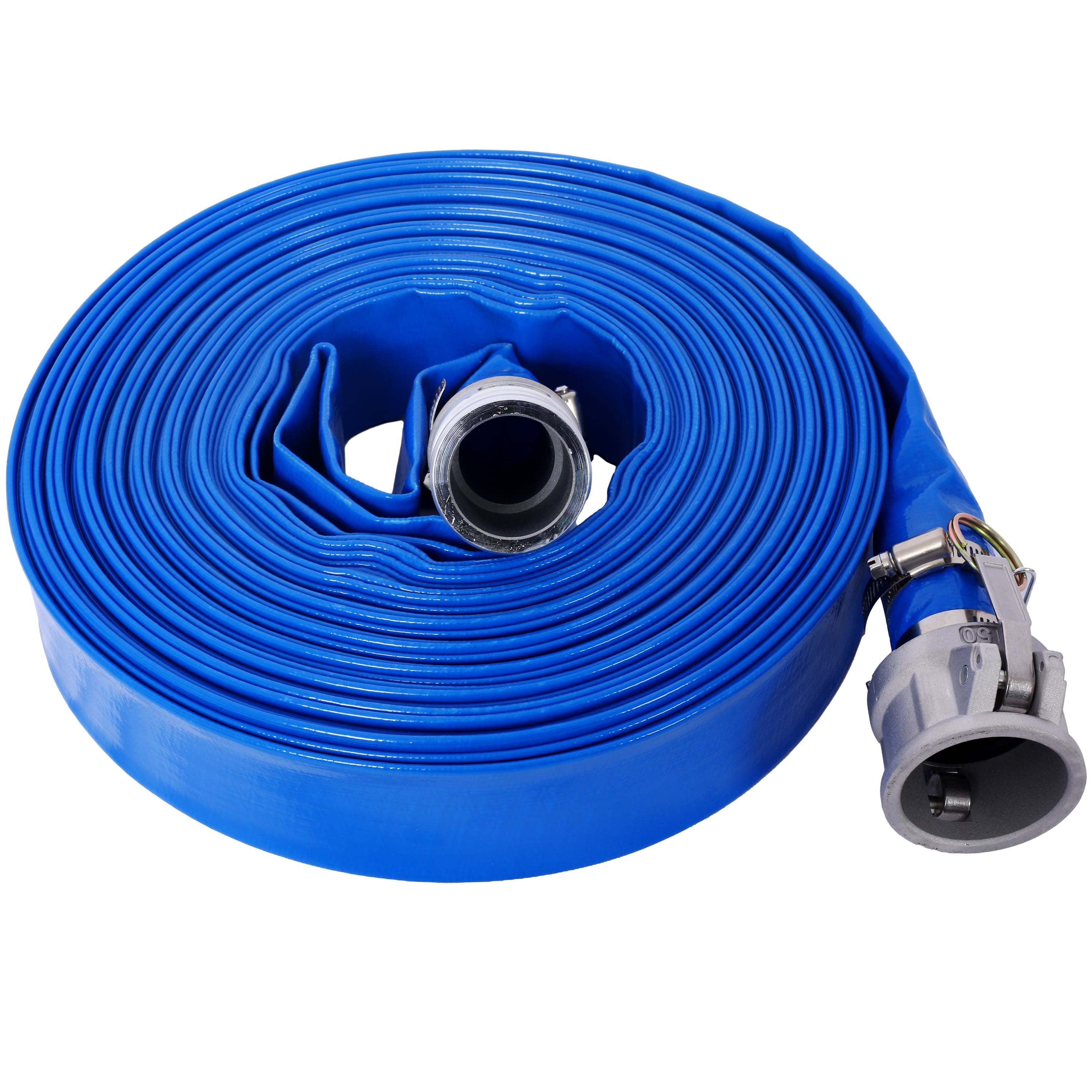 , 2"X100FT Pool Backwash Hose, Heavy Duty Reinforced Blue PVC Lay Flat Water Discharge Pump Hoses For Swimming Drain Pools and Clean Filters, with Aluminum Camlock C and E Fittings, Blue ,Pvc ,