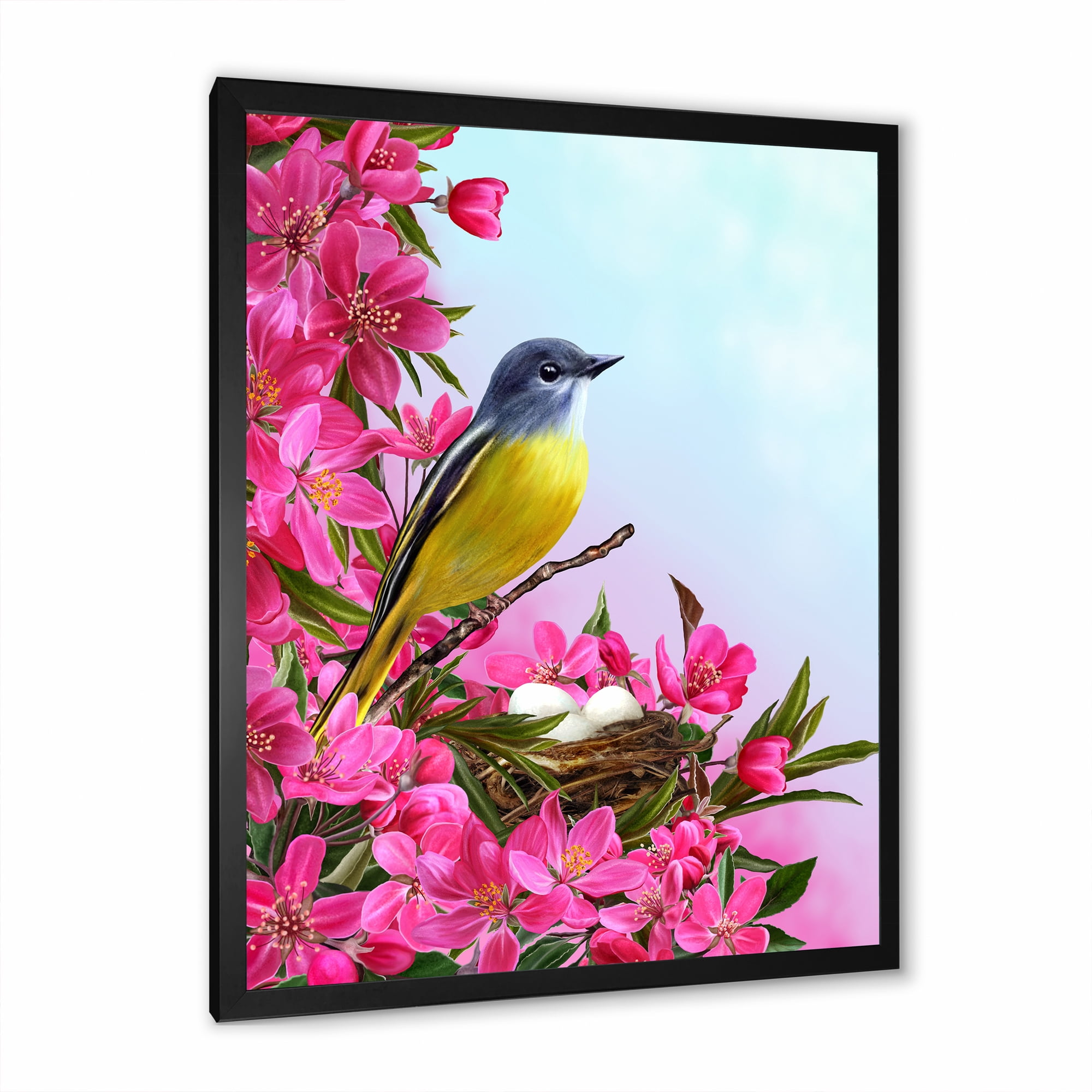 Designart 'Little Yellow Bird Near The Nest with Pink Flowers' Traditional Framed Art Print