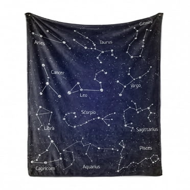 Constellation Soft Flannel Fleece Throw Blanket, Doodle Chalk Writing Style Zodiac Star Clusters and Sign Names, Cozy Plush for Indoor and Outdoor Use, 50" x 60", Blue Dark Blue White, by Ambesonne