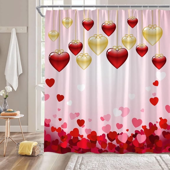 Valentine''s Day Heart Shower Curtain Red Gold Heart Pink Romantic Love Sign Sweet Lover Couple Wedding Marriage Fabric Bathroom Decor Curtain with Hooks