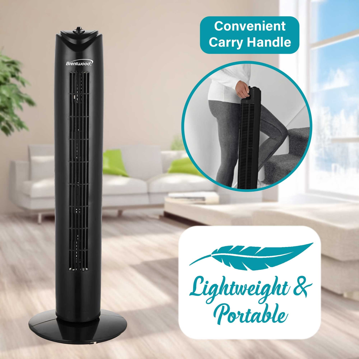Brentwood 32-In. 3-Speed Portable Oscillating Tower Fan with Timer, F-32T (Black), F-32TBK