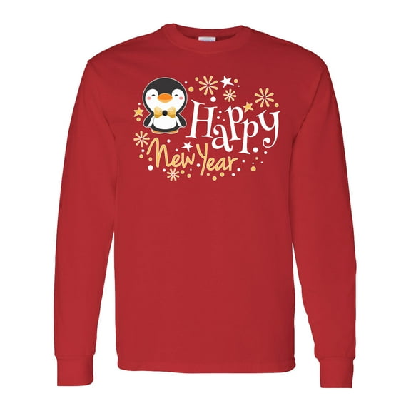 Inktastic Happy New Year with Cute Penguin Long Sleeve T-Shirt