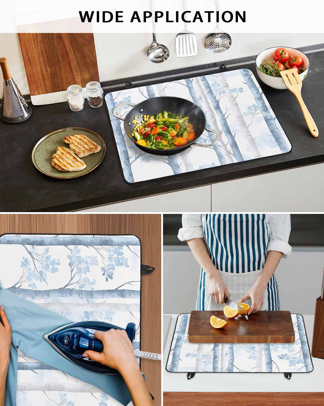 nqOlkjepod Large Induction Cooktop Protector Mat 36"x21", Blue Grey Branches Stove Top Covers for Electric Stove, Vintage Blue Forest Gray Decorative Stove Burner Cover Mats, Glass Top Stove Cover