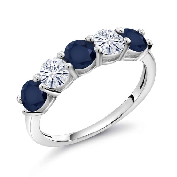Gem Stone King 1.07 Cttw Blue Sapphire and White Moissanite Wedding Band Ring for Women | 925 Sterling Silver | Round 3.5MM | Gemstone Birthstone | Wedding Engagement Anniversary Ring | Size 9