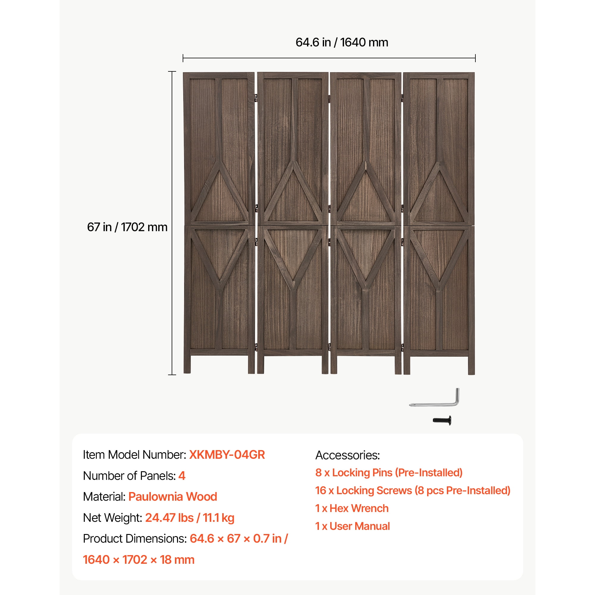 KFFKFF 4-Panel Wooden Room Divider with Y Pattern, Privacy Screen for Home Decor and Space Separation, 67-Inch Height, Sturdy Frame, Two-Way Hinges, Rustic Wooden Partition with Included Hardware