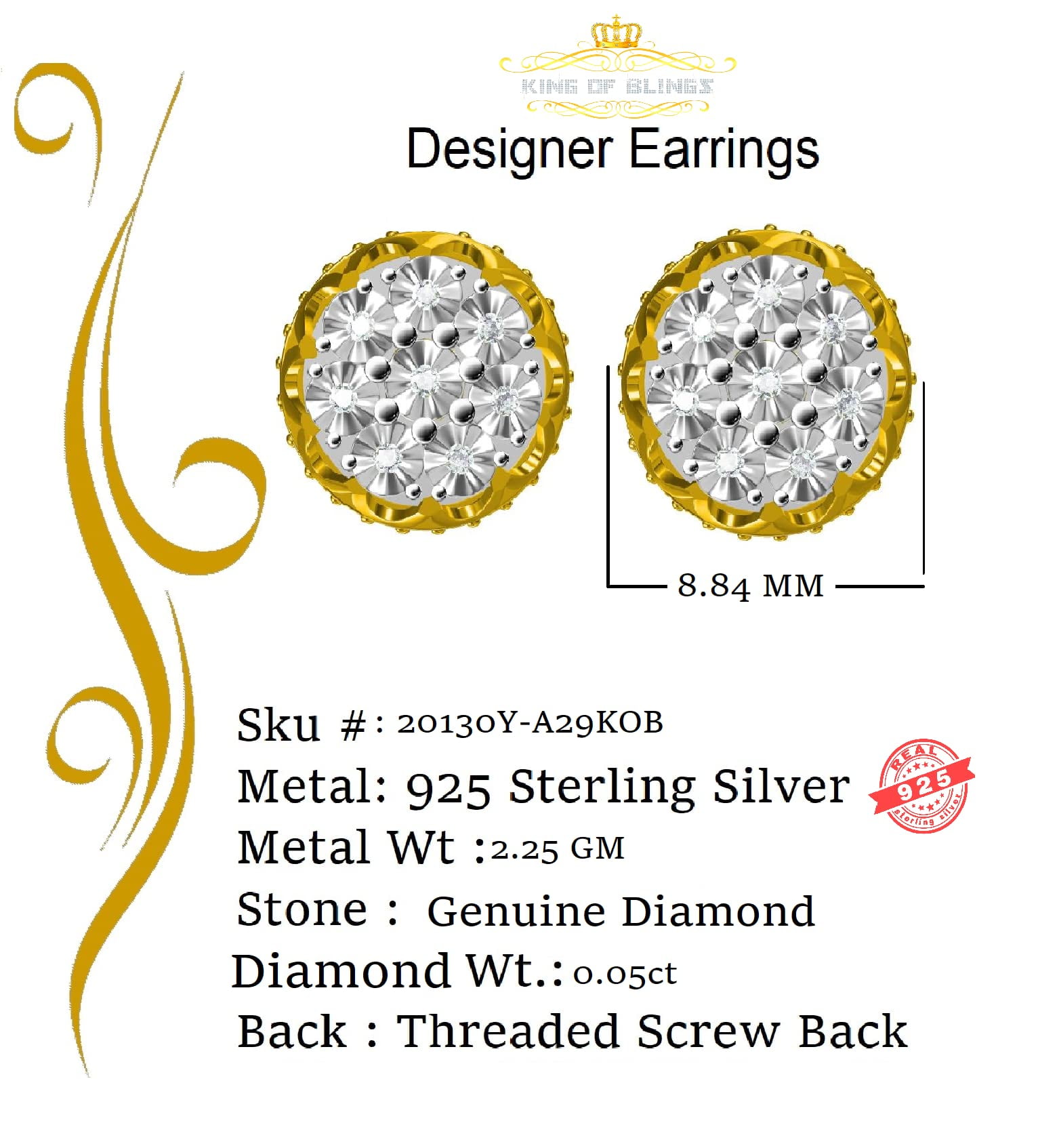 King of Bling's 0.05ct Diamond Stud Earrings For Women Yellow 925 Sterling Silver Stud For Men