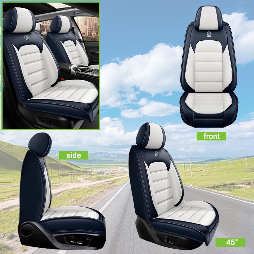 AFUNTIO Seat Covers for Honda 99% Models,2PCS Leather Car Seat Cushions,Waterproof Car Sit Protectors,Nonslip Interior Accessories(Blue and White)