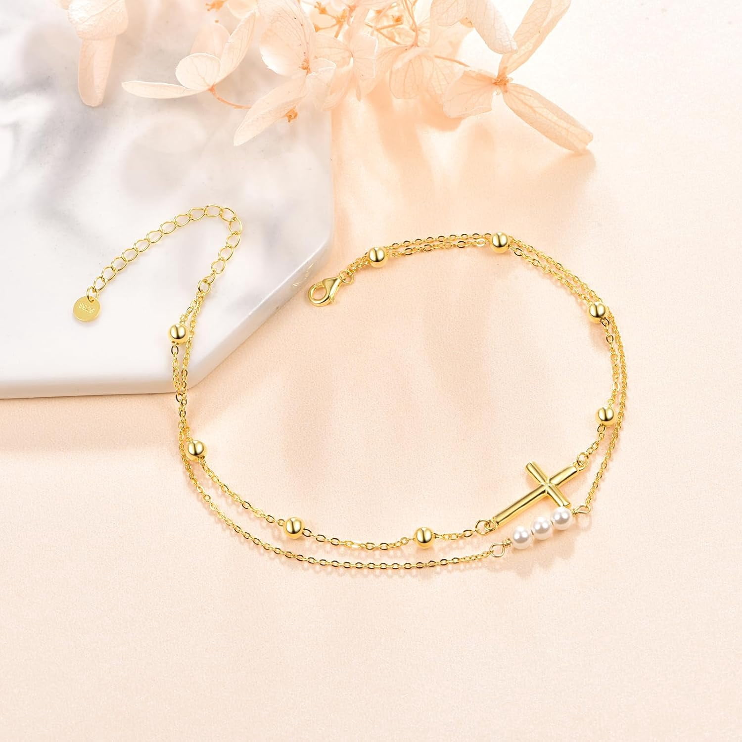 Palpitate Cross Anklet for Women Pearl Cross Ankle Bracelets 14K Gold Plated Adjustable Layered Foot Bead Chain for Women
