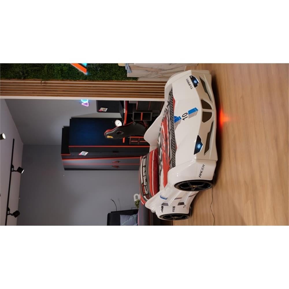 Pemberly Row Modern Wood Twin Race Car Bed with Remote Control in White