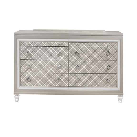 JERFIT Champagne Dresser with Mirror, 6-Drawer Jewelry Chest, Solid Wood Vanity with Acrylic Legs for Bedroom