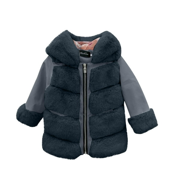 Paiwinds Girls Faux Fur Hooded Jacket, Full Zip Sherpa Coat with Warm Lining for Kids 2-11 Years, Thickened Winter Outerwear with Ornamental Zipper for Casual Wear