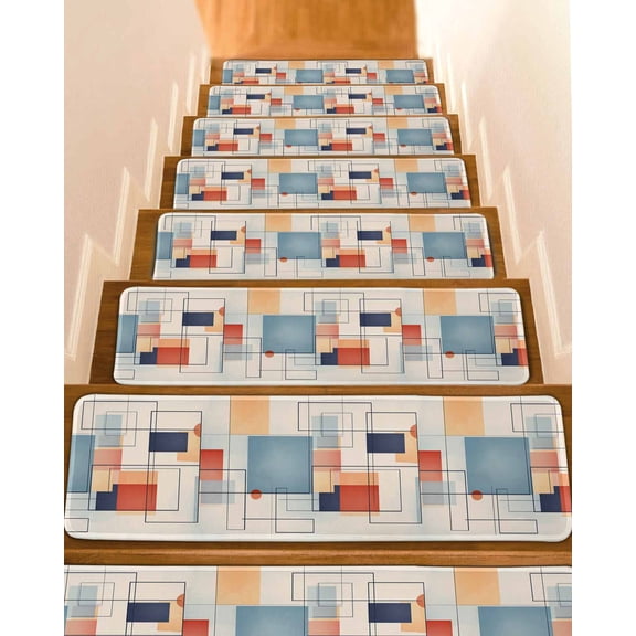 Orange Blue Geometric Stair Treads for Wooden Steps Indoor Runner Rug Carpet, Vintage Contemporary Abstract 10 Pieces Peel and Stick Staircase Step Treads Covers Washable Throw Door Mats, 30"x8"