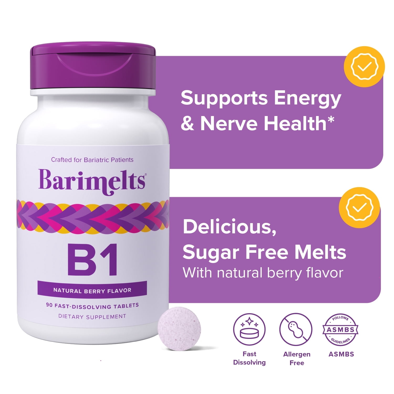 Barimelts Bariatric Vitamin B1 Fast-Dissolving Tablets, 90 Count, Berry Flavor