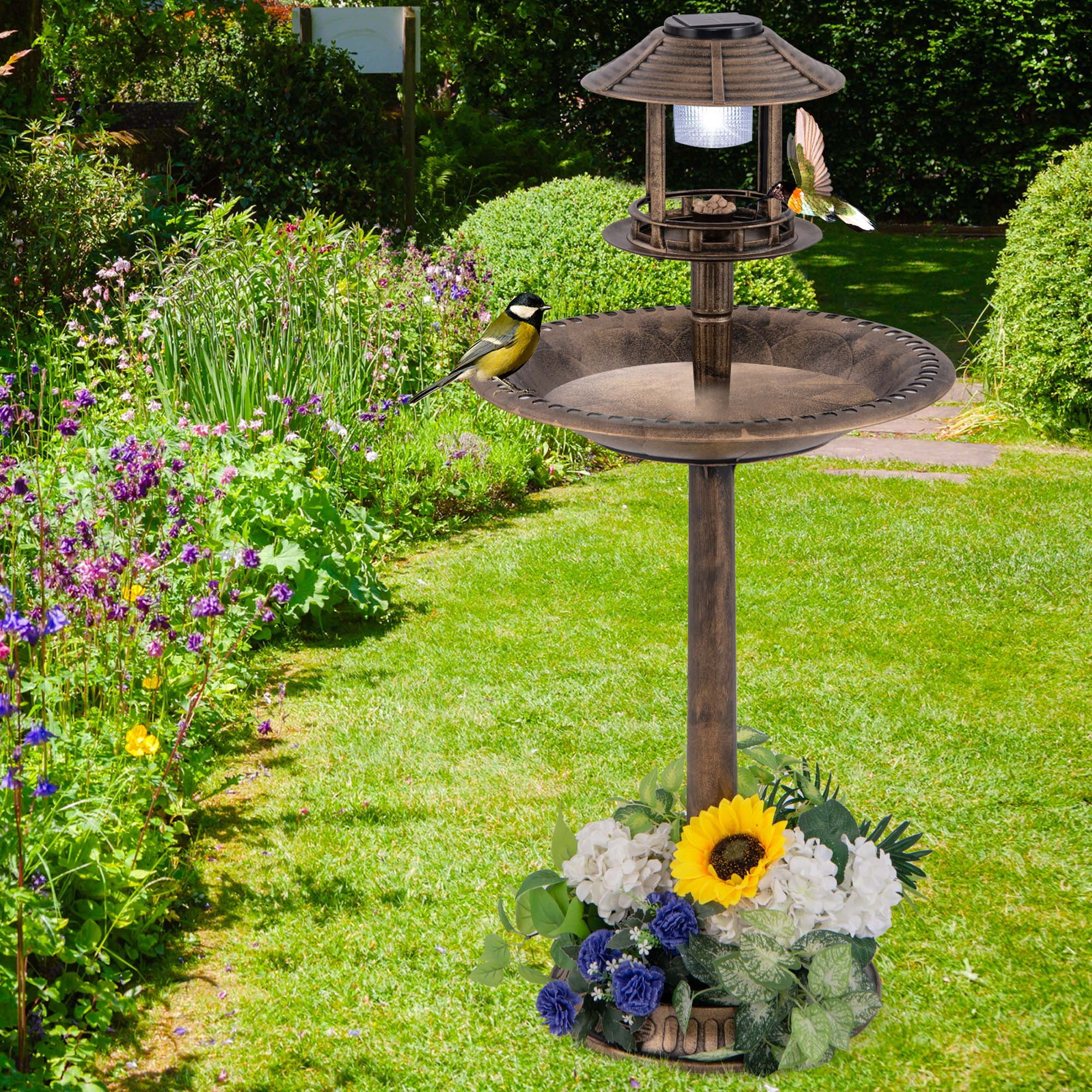 Costway 3-In-1 Pedestal Bird Bath with Solar Light with Bird Feeder & Flower Planter Antique Bronze