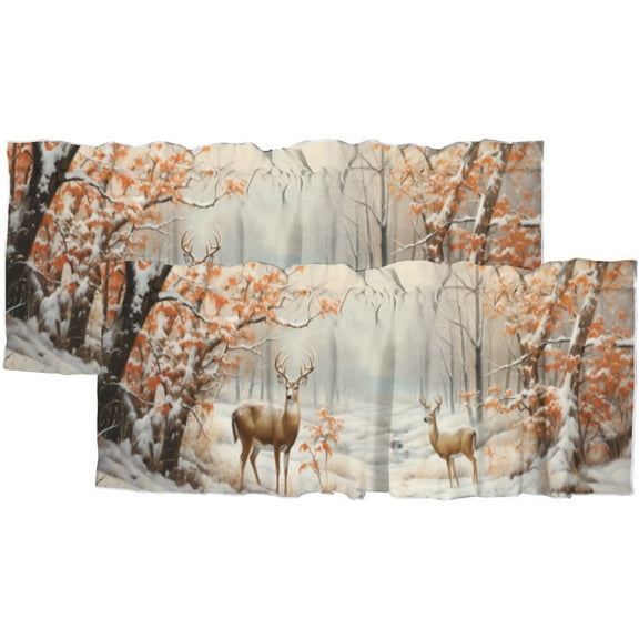 Forest Deer Curtain Valances for Kitchen Windows Rustic Cabin Animal Elk Snowy Hunting Farmhouse Nature Scenery Rod Pocket Valances for Bedroom Living Room Dining Room 54 by 18 in, 2 Panel