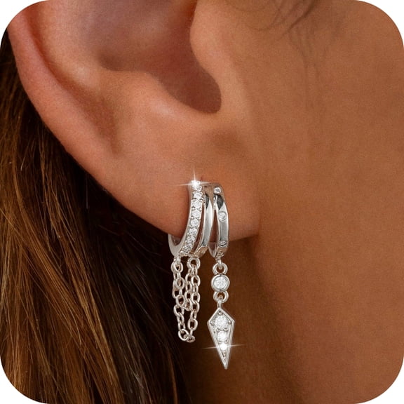 GOSFRY Dangle Earrings for Women,14k Silver Plated Triple Huggie Stud Cute Statement Chain Earring Dainty Drop Earrings for Women Trendy Gold Plated Jewelry