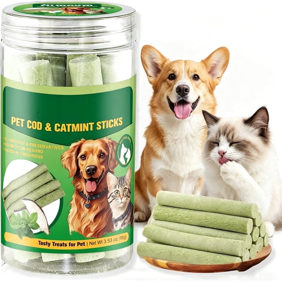 Freeze Dried Cod Skin Chews with Catmint, Natural Single Ingredient Grain Free Dog Treats, High Protein for Small & Medium Dogs, Dental & Joint Support, 100g/3.52 oz