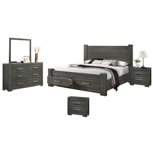 Weathered Gray Wood 5pc Bedroom Set with Queen Platform Storage Bed