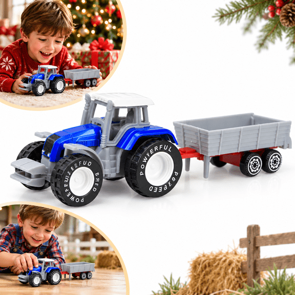 Blue Farm Tractor Toy with Cargo Trailer, Friction Powered Push and Go Farm Vehicle, Open Rear Gate, Plastic Tabletop Play Set