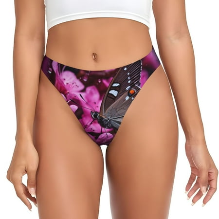 JUNZAN Pink Blossoms Butterfly Print Women s Sexy G-String Underwear Thongs Seamless Panties Undies Low Rise Thong Panties for Everyday Wear Yoga & Special Occasion-3X-Large